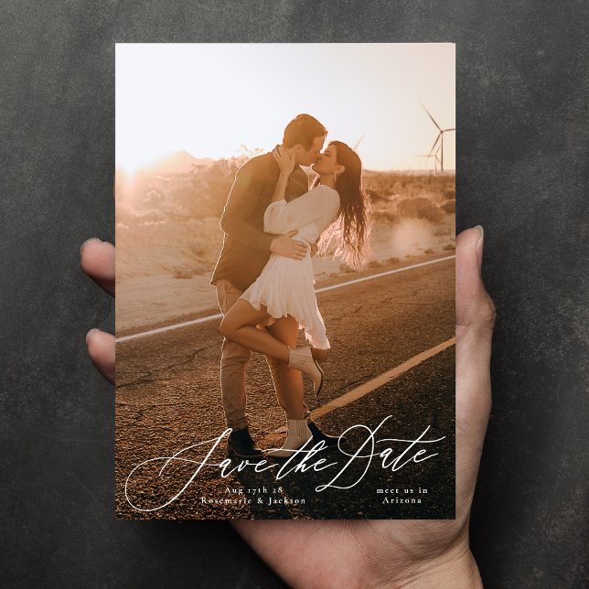 Weißkalligraphie Elegantes Foto Hochzeit Save The Date (Von Creator hochgeladen)