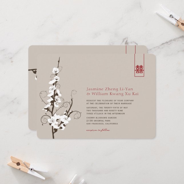 Weißkirschblüten Sakura Wirbel Asiatische Hochzeit Einladung (Vorderseite/Rückseite Beispiel)