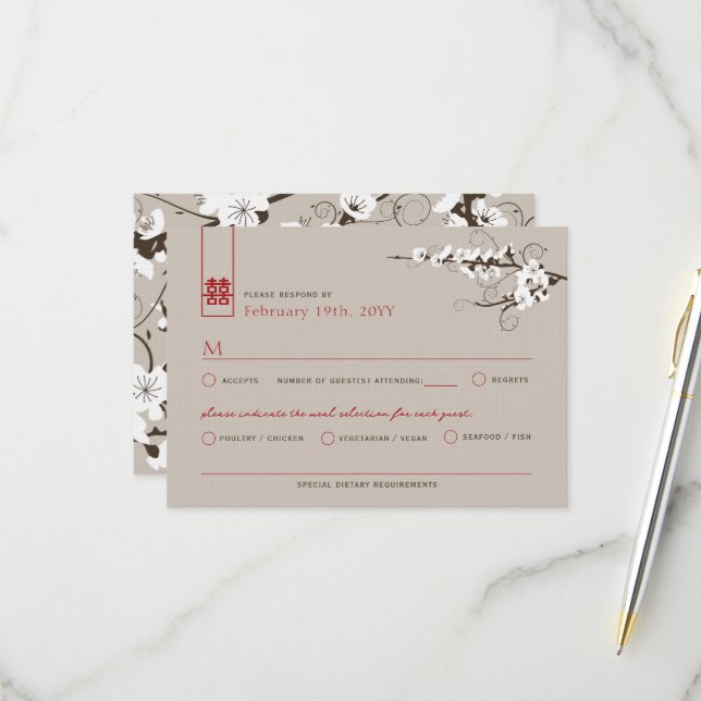Weißkirschblüten Sakura Wirbel Asiatische Hochzeit RSVP Karte (Vorderseite/Rückseite Beispiel)