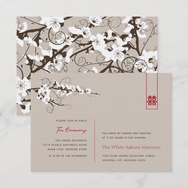 Weißkirsche blüht asiatisch Hochzeitsempfang Einladung (Vorne/Hinten)