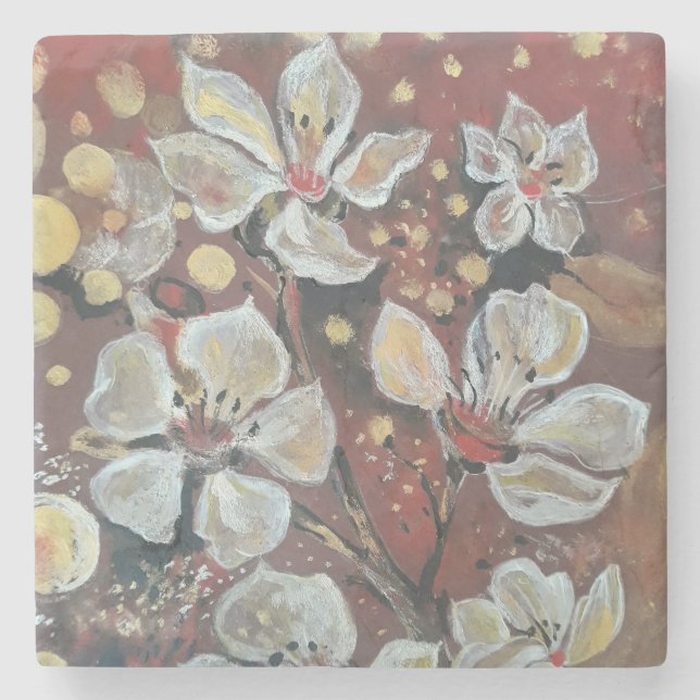 Weißkirsche blüht im Hintergrund Steinuntersetzer (Vorderseite)