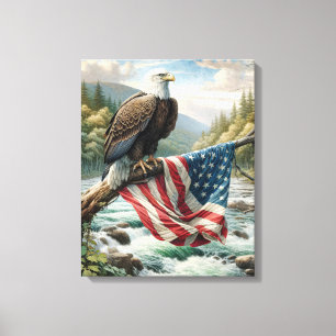 Weißkopfseeadler bewacht die amerikanische Flagge Leinwanddruck