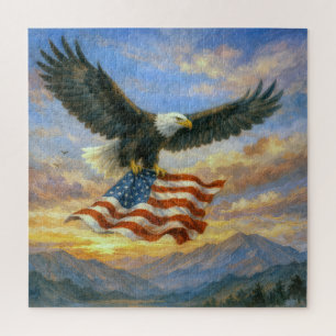 Weißkopfseeadler fliegt mit amerikanischer Flagge