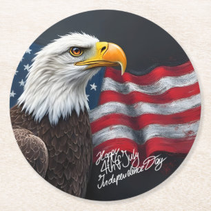 Weißkopfseeadler mit amerikanischer Flagge 4. Juli Runder Pappuntersetzer