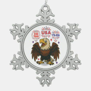 Weißkopfseeadler mit Feuerwerk – USA 250 Jahre 177 Schneeflocken Zinn-Ornament