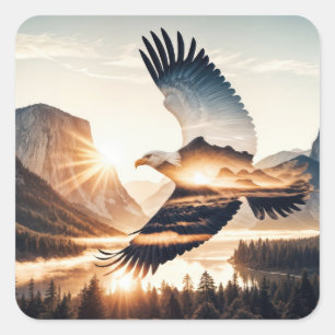 Weißkopfseeadler über dem Bergtal Lake Quadratischer Aufkleber