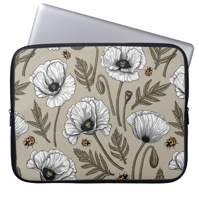 Weißmohn und Ladybugs Laptopschutzhülle (Vorderseite)