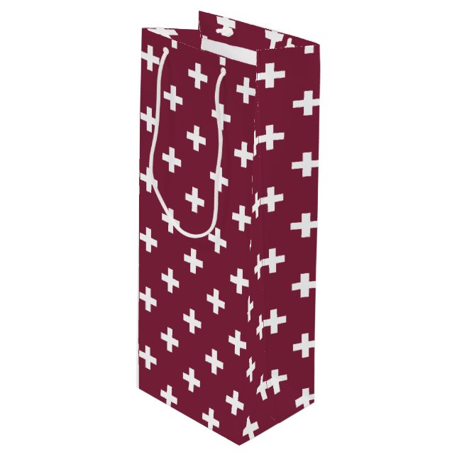Weißpolka kreuzt auf Maulbeere Geschenktüte Für Weinflaschen (Vorderseite Schrägansicht)