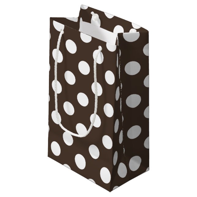 Weißpolka-Punkte auf braun Kleine Geschenktüte (Vorderseite Schrägansicht)