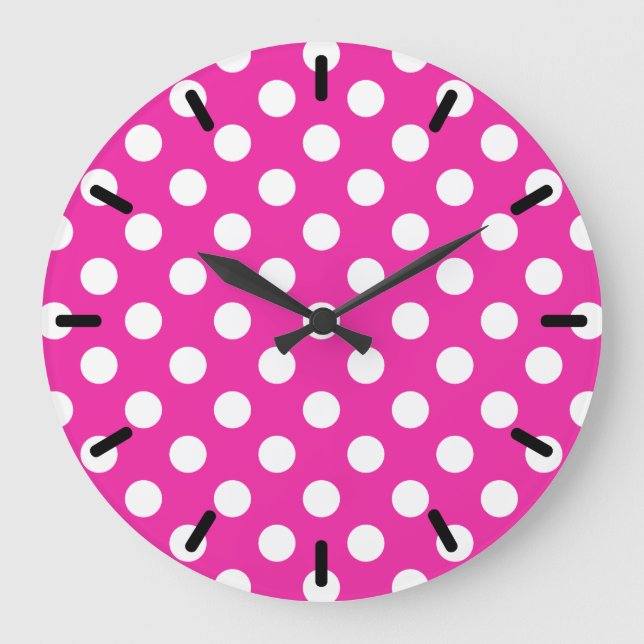 Weißpolka-Punkte auf Fuchsia Große Wanduhr (Vorderseite)