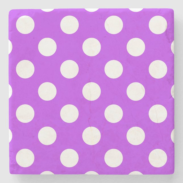 Weißpolka Punkte auf leuchtend lila Steinuntersetzer (Vorderseite)