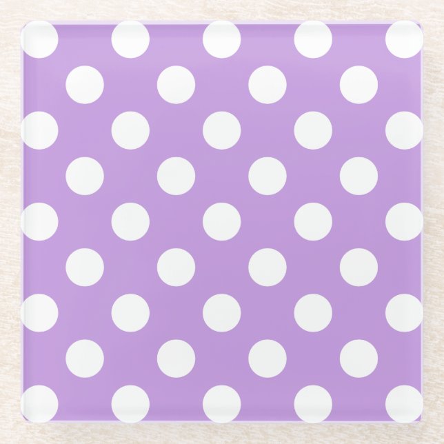 Weißpolka-Punkte auf Lila Glasuntersetzer (Vorderseite)