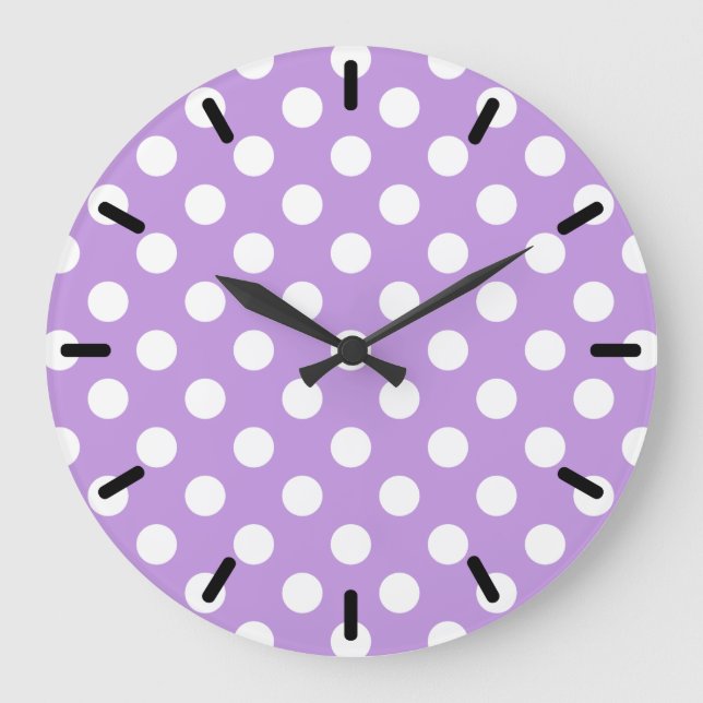 Weißpolka-Punkte auf Lila Große Wanduhr (Vorderseite)