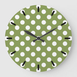 Weißpolka-Punkte auf Olivengrün Große Wanduhr