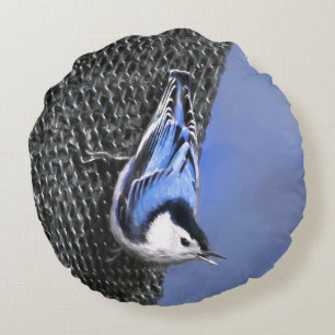 Weißreißer Nuthatch Malerei Original Vogelkunst Rundes Kissen