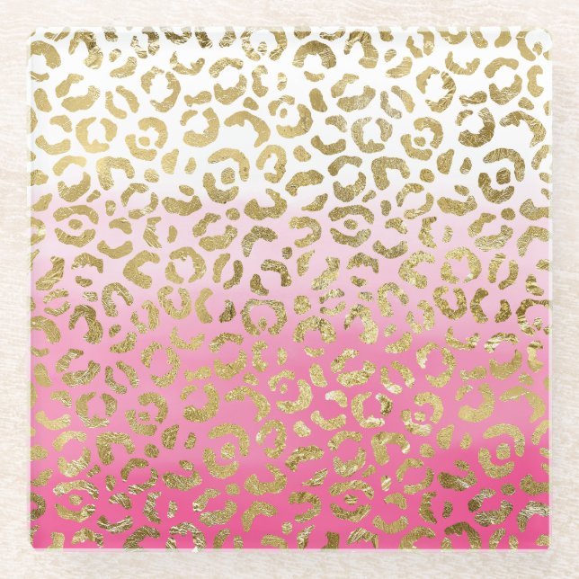 Weißrosa Aquarellfarben Gold Glave Leopard Print Glasuntersetzer (Vorderseite)