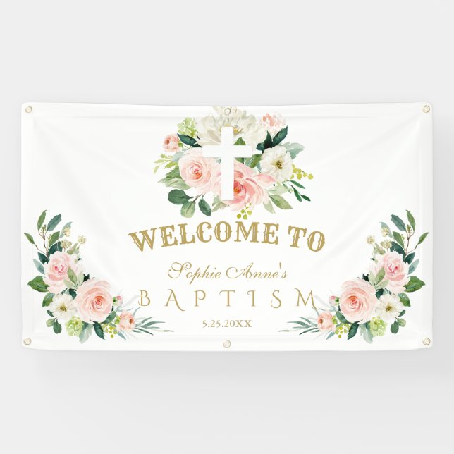 Weißrosa Blume Taufe Mädchen Kreuz Begrüßungszeich Banner (Horizontal)