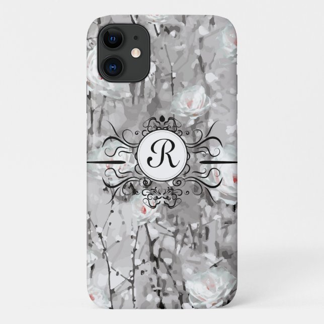 Weißrosa Blume Winterblumengrau Case-Mate iPhone Hülle (Rückseite)