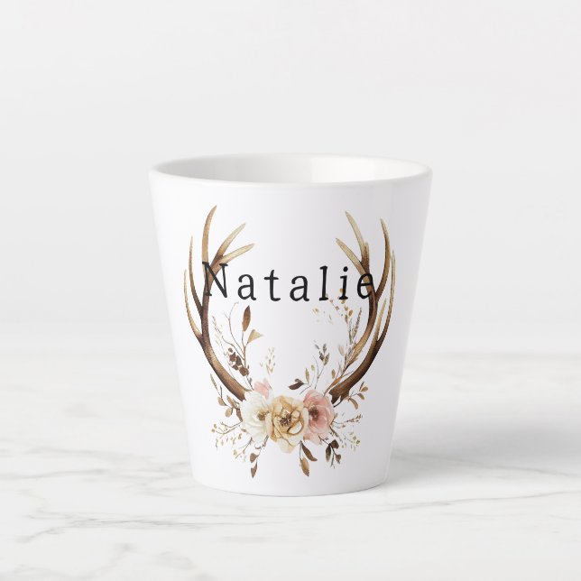 Weißrosa Blütenstaub Antler Personalisiert Milchtasse (Vorderseite)