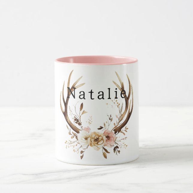 Weißrosa Blütenstaub Antler Personalisiert Tasse (Zentrum)