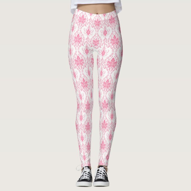 Weißrosa Damastmuster Leggings (Vorderseite)