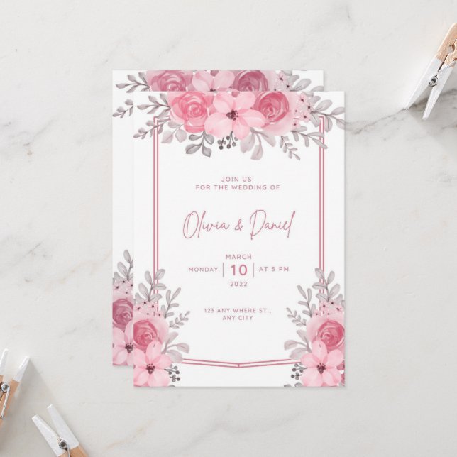 Weißrosa Elegante Hochzeitsfeier mit Blume Einladung (Vorderseite/Rückseite Beispiel)