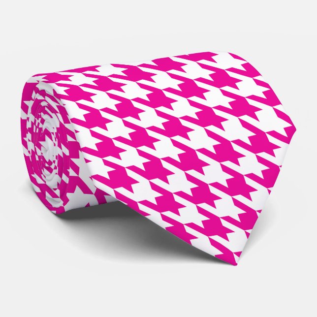 Weißrosa Fuchsia Pied de Poule Hahnentrittmuster Krawatte (Gerollt)