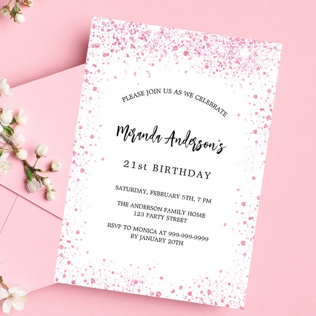 Weißrosa Glitzer zum Geburtstag Glitzern elegant Einladungspostkarte (Von Creator hochgeladen)