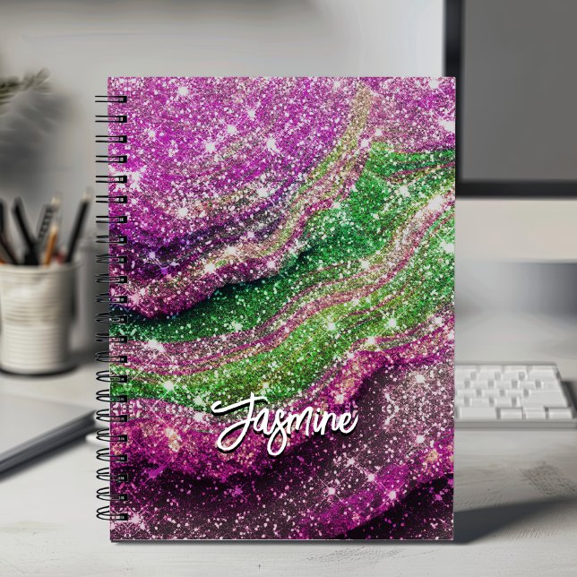 Weißrosa-grüner Glitzer-Monogramm Editor Notizbuch (Von Creator hochgeladen)