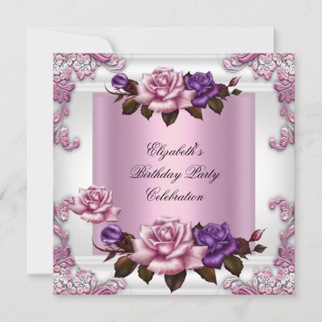 Weißrosa Lila Rose Elegante Geburtstagsparty Einladung (Vorderseite)