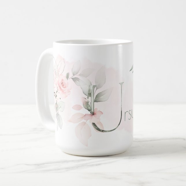 Weißrosa Rose Monogramm Buchstaben U Kaffeetasse (Vorderseite Links)