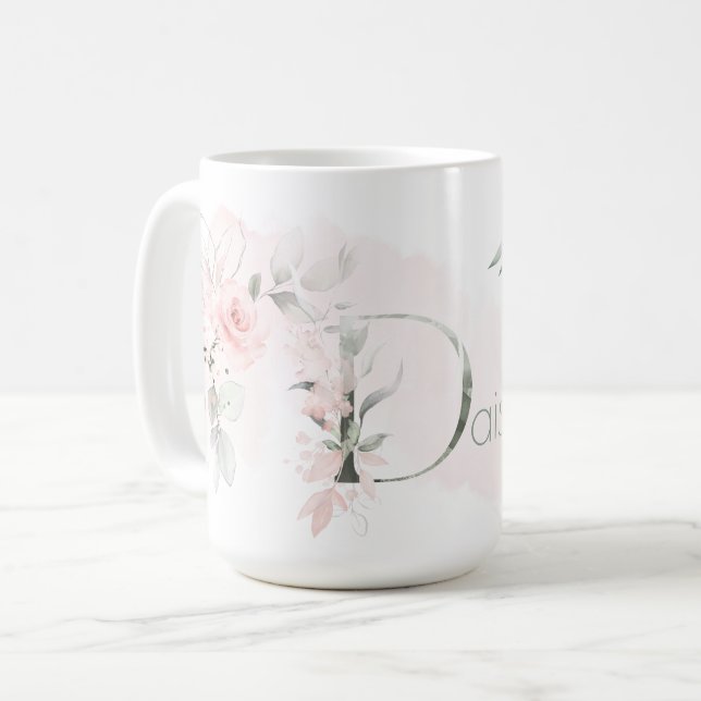 Weißrosa Rosenmonogramm-Letter D Kaffeetasse (Vorderseite Links)