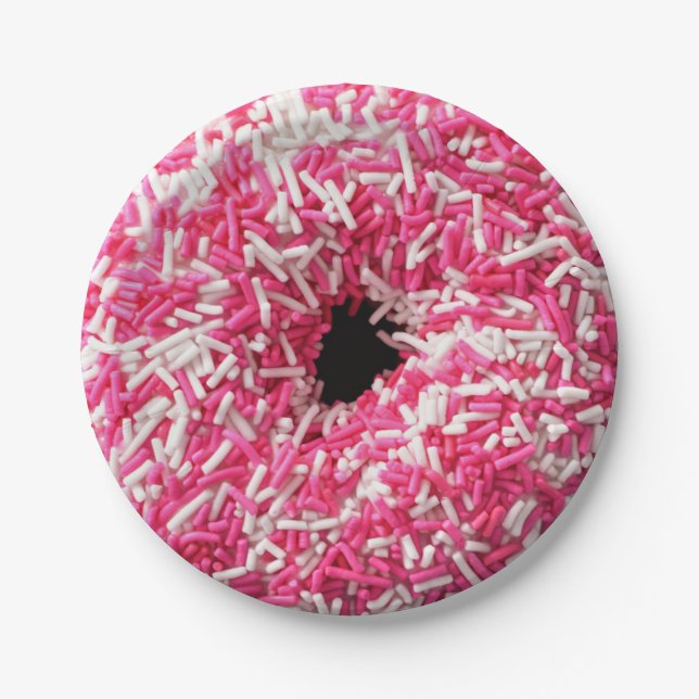 Weißrosa Sprinklen Donut Pappteller (Vorderseite)