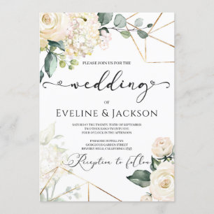 Weißrosen Hydrangeas Grüne Goldene Hochzeit Einladung