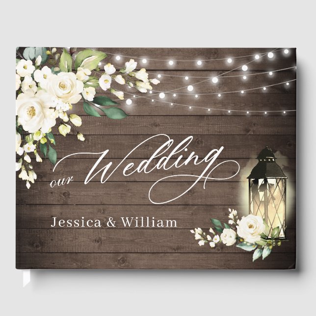 Weißrosen Rustikales Holz Laterne FOTO Hochzeit Gästebuch (Vorderseite)