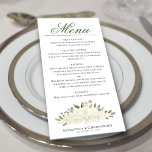 Weißrosen Wasserfarbenflora Hochzeitsfeier Menükarte<br><div class="desc">Dieses wunderschöne Hochzeitsmenü bietet ein rustikales boho-elegantes Design mit einem Skripttitel für Kalligraphie und einem Haufen handgemalten Aquarellfarben-Rose, Blüten und Grünpflanzen in Elfenbein-, Weiß- und Cremetönen. Der Text ist komplett anpassbar mit Platz für den Namen und das Hochzeitstag des Paares am Ende. Die Rückseite ist eine üppige, marmorierte Oliven- oder...</div>