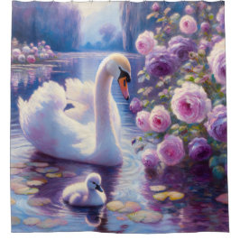 Weißschwan und Cygnet mit Lila Rose Duschvorhang