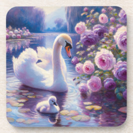 Weißschwan und Cygnet mit Lila Rose Getränkeuntersetzer