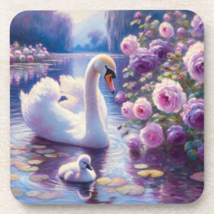 Weißschwan und Cygnet mit Lila Rose Getränkeuntersetzer