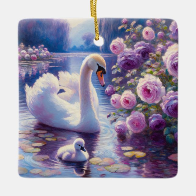 Weißschwan und Cygnet mit Lila Rose Keramikornament (Vorderseite)