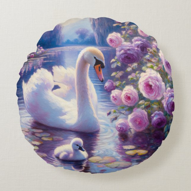 Weißschwan und Cygnet mit Lila Rose Rundes Kissen (Vorderseite)