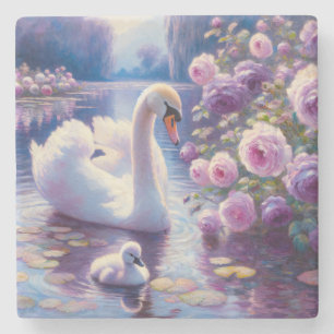 Weißschwan und Cygnet mit Lila Rose Steinuntersetzer