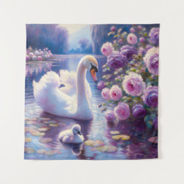 Weißschwan und Cygnet mit Lila Rose Wandteppich