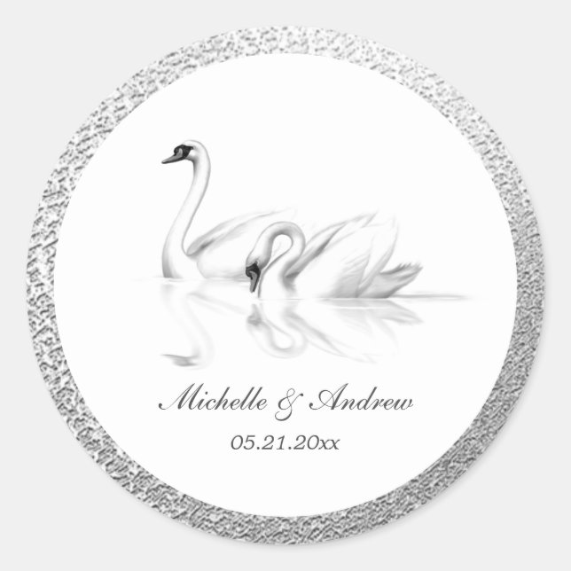 Weißschwäne texturierte Silbermonogramm-Hochzeit Runder Aufkleber (Vorderseite)