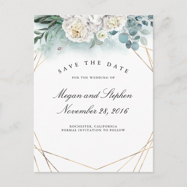Weißspitzen und Goldrahmen Save the Date modern Ankündigungspostkarte (Vorderseite)