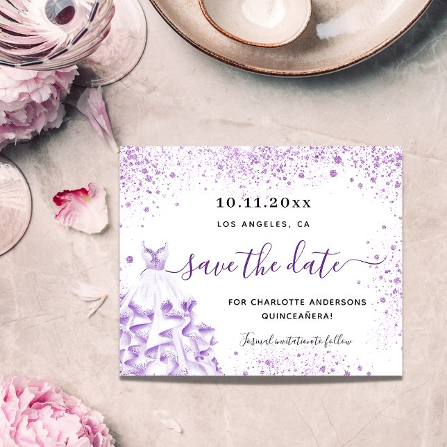 Weißviolettes Quinceanera-Budget Save the Date Flyer (Von Creator hochgeladen)
