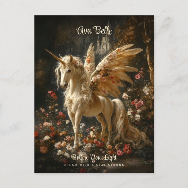 Weißwald Unicorn Blütenpegasus Ermutigung Postkarte (Vorderseite)