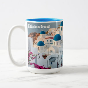 Weißwaschbecken, griechische Insel Santorini mit b Zweifarbige Tasse