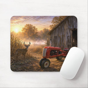 Weißwedelhirsch und alter Traktor im Morgennebel Mousepad