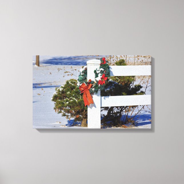 Weißzaun mit Schnee und eine Leinwand mit Bow-Stre (Vorderseite)